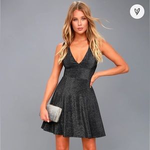 Lulu’s You Glow Girl Silver and Black Backless Skater Dress NWT